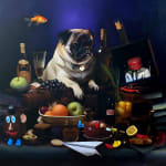 Jason Wheatley pug dog still life with fruit and wine Gilman Contemporary