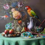 Jason Wheatley still life with marbles, chopsticks, colorful birds and fish available at Gilman Contemporary