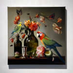 colorful floral still life oil painting by Jason Wheatley with toucan butterflies bees limes available at Gilman Contemporary