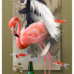 a white colobus money sits atop a flamingo as fish float around them
