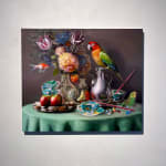 Jason Wheatley still life with marbles, chopsticks, colorful birds and fish available at Gilman Contemporary