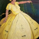 mixed media painting by John Westmark of a woman in a large dress pulling back some willow branches