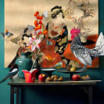 Asian still life oil painting by Jason Wheatley female figure, fortune cookies, Rooster available at Gilman Contemporary