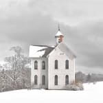 Jim Westphalen photograph old schoolhouse white with trees and snow view at Gilman Contemporary