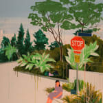 A faceless girl sits on a street curb next to a stop sign in an abstract landscpe