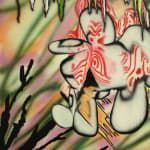 abstract painting of flowers: pink, green and orange