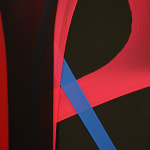 abstract black and red fabric stretched on bars withe a photo of a dog