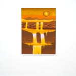 golden painting of a waterfall on a moutnain with a sun above