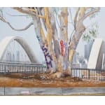 painting of a eucalyptus tree covered in graffiti in the foreground with the 6th street bridge and Downtown Los Angeles skyline in the background