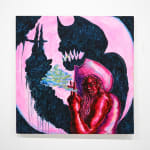 painting of a girl with a cowboy hat smoking a cigarette in pink