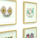 painting in a frame of 2 flowers as eyes for a facea