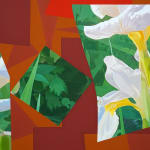 abstract painting featuring geometric read shapes and white flowers