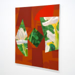 abstract painting featuring geometric read shapes and white flowers