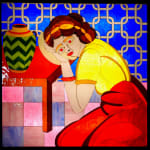 stained glass mosaic of a girl leaning on a table