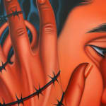 painting of a face with a hand holding it with barbed wire