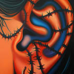 painting of an ear with barbed wire running along it