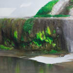 painting of a creek with moss growing around the cement