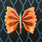 painting of a pasta bowtie with a cigarette in the middle