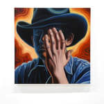 painting of a cowboy covering his face with his hand