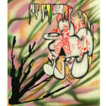 abstract painting of flowers: pink, green and orange