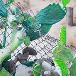 painting of a cactus growing through a fence