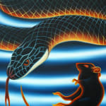 painting of a snake with 4 guns pointing at it and a dead mouse