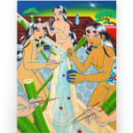 painting of three girls eating noodles out. of a waterfall with chopsticks