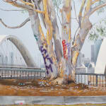 painting of a eucalyptus tree covered in graffiti in the foreground with the 6th street bridge and Downtown Los Angeles skyline in the background