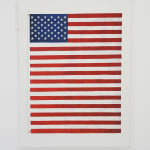 painting of an American Flag with extra red stripes making it longer