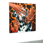 painting of a dalmation with 3 floating hands each holding a canddle or a cigarette