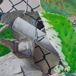 painting of a cactus growing through a fence
