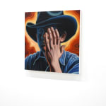 painting of a cowboy covering his face with his hand