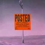 purple painting of a small man installing a large posted no trespassing sign in an empty field
