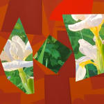 abstract painting featuring geometric read shapes and white flowers