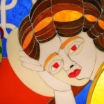 stained glass mosaic of a girl leaning on a table