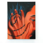 painting of a face with a hand holding it with barbed wire