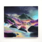 painting of a landscape with mushrooms and mountains
