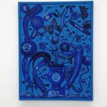 blue monochromatic painting of a collage of summer objexts by devin liston