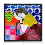stained glass mosaic of a girl leaning on a table