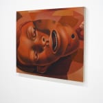 orange hued painting of a human head with its mouth open