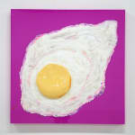 sculpture of a sunny side up egg on a pink canvas backdrop