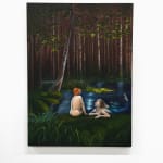 painting of two women in a pond in a forest