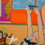 painting of two girls lounging in a living room