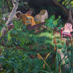 plein air painting of an overgrown backyard