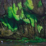 painting of a creek with moss growing around the cement