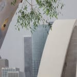 painting of a eucalyptus tree covered in graffiti in the foreground with the 6th street bridge and Downtown Los Angeles skyline in the background