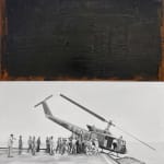 split paimting of a helicopter crash and an abstract section above it