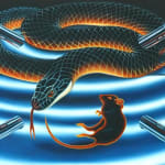 painting of a snake with 4 guns pointing at it and a dead mouse