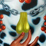 painting of a hand grabbing golden balls on a chain, dalmation pattern and tomatos in the background