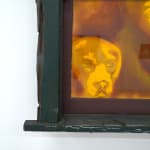 painting of a kid looking out of a window with their dog